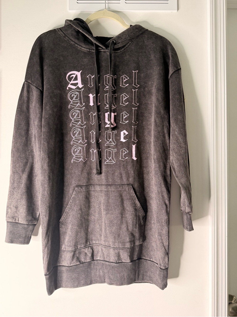 & Other Stories Black Washed Hoodie Dress with Pink 'Angel' Graphic